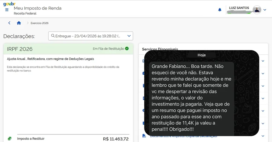 Portal Meu Imposto de Renda com declaração IRPF 2026 em fila de restituição, imposto a restituir de R$ 11.463,72, e mensagem de agradecimento