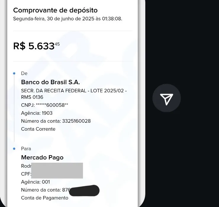 Comprovante de depósito da Secretaria da Receita Federal, lote 2025/02, no valor de R$ 5.633,45