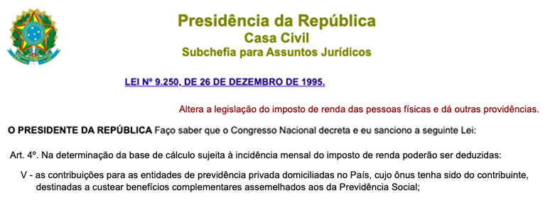Página do Planalto com a Lei nº 9.250, de 26 de dezembro de 1995, artigo 4º, inciso V